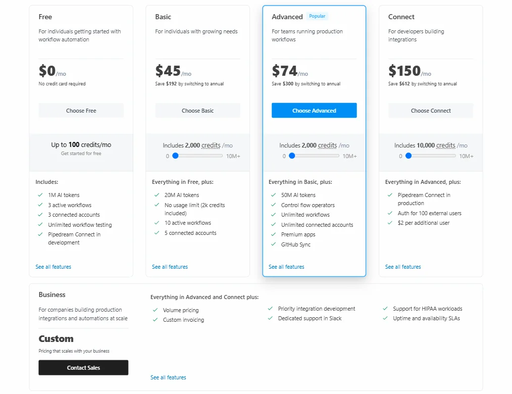 Pipedream pricing screenshot
