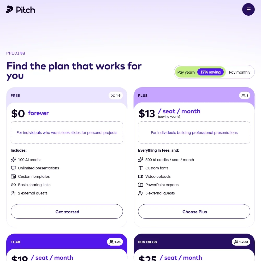 Pitch pricing screenshot