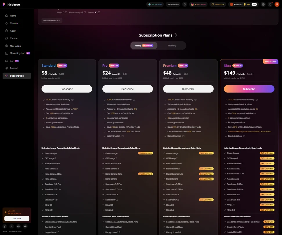 PixVerse pricing screenshot