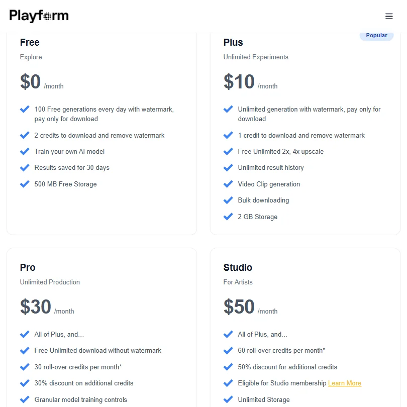 Playform pricing screenshot