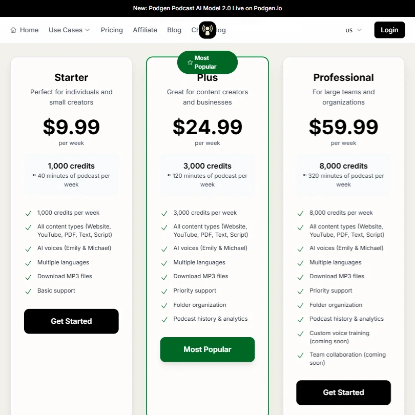 PodGen.io pricing screenshot