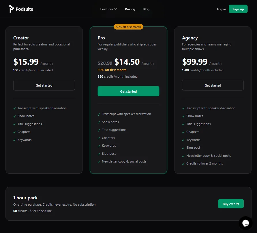 Podsuite pricing screenshot