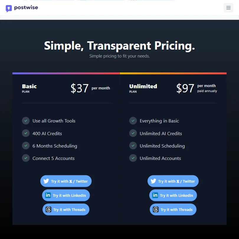 Postwise pricing screenshot