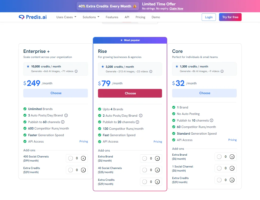 Predis.ai pricing screenshot