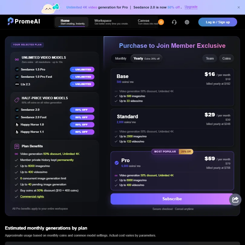 PromeAI pricing screenshot