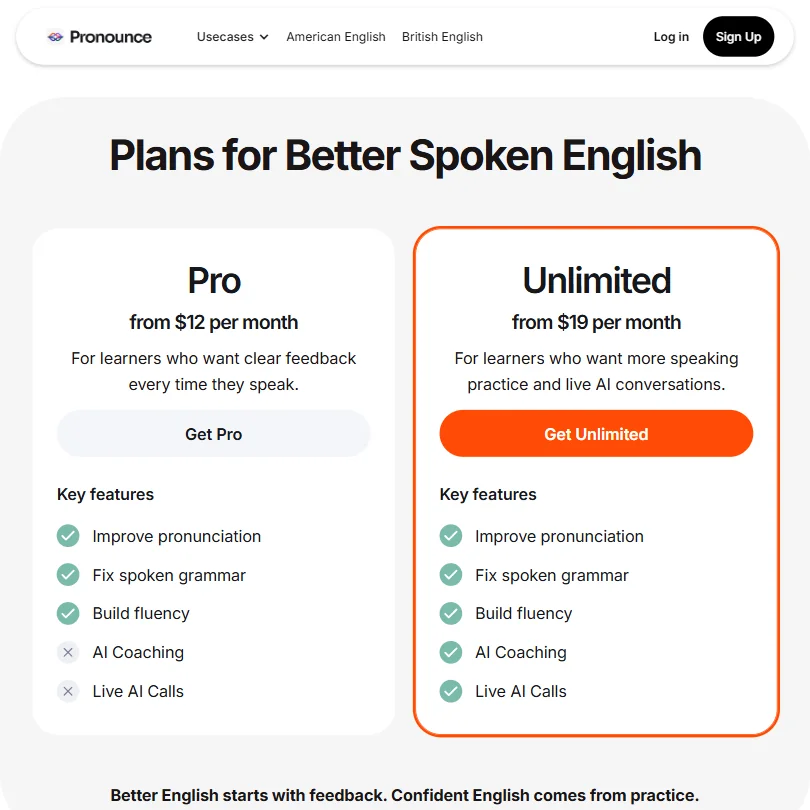 Pronounce AI pricing screenshot
