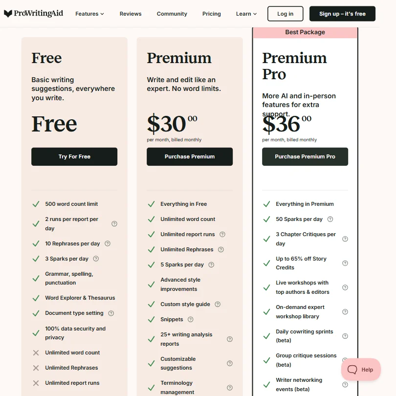 ProWritingAid pricing screenshot