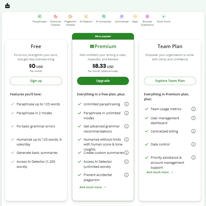 QuillBot pricing screenshot