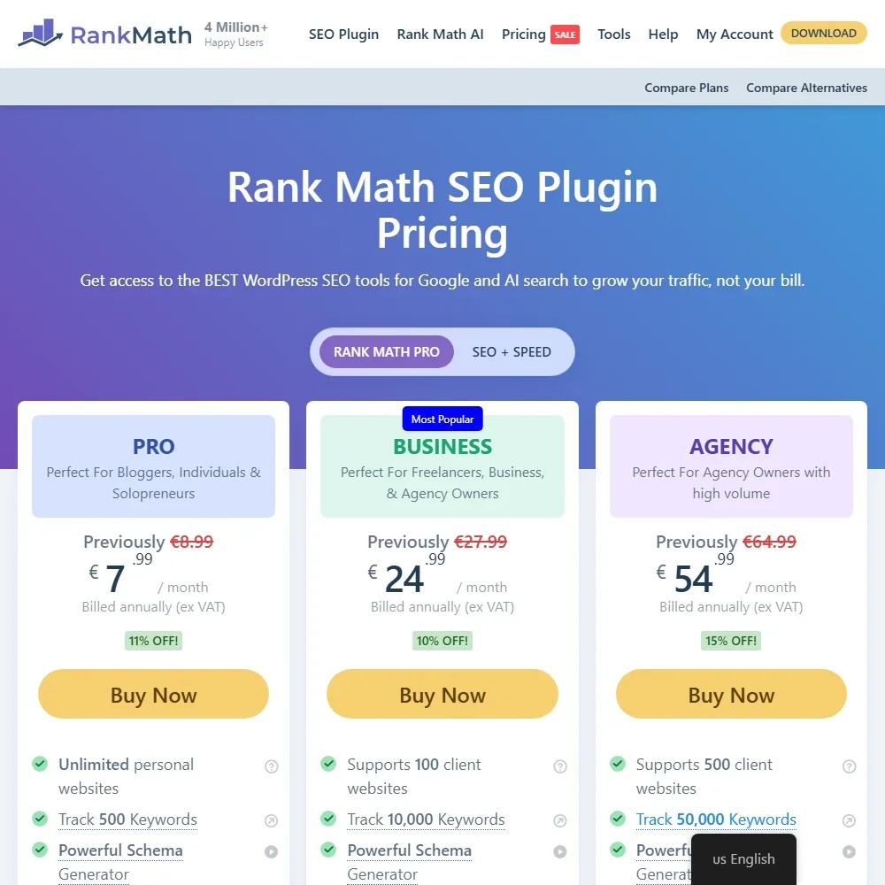 Rank Math pricing screenshot