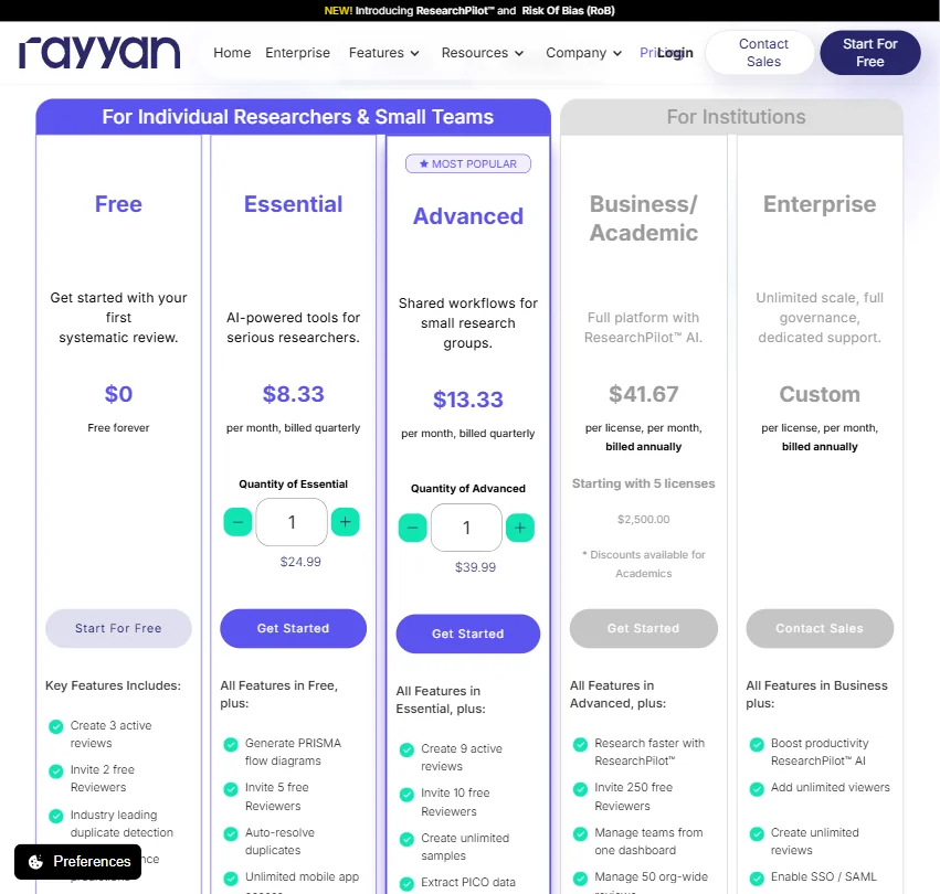 Rayyan pricing screenshot