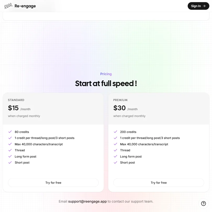 Re-engage pricing screenshot