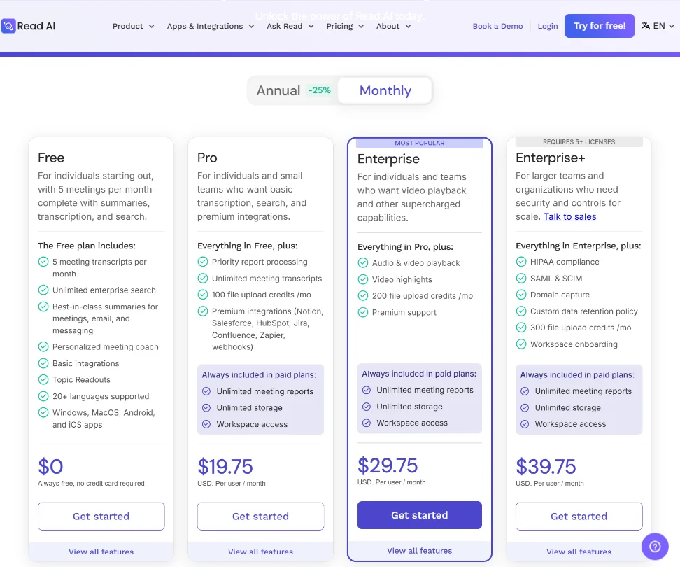 Read AI pricing screenshot