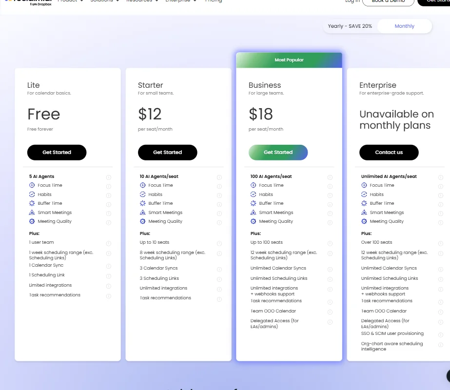 Reclaim pricing screenshot