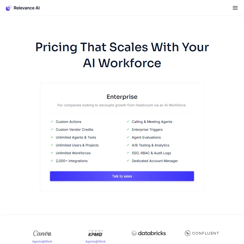 Relevance AI pricing screenshot