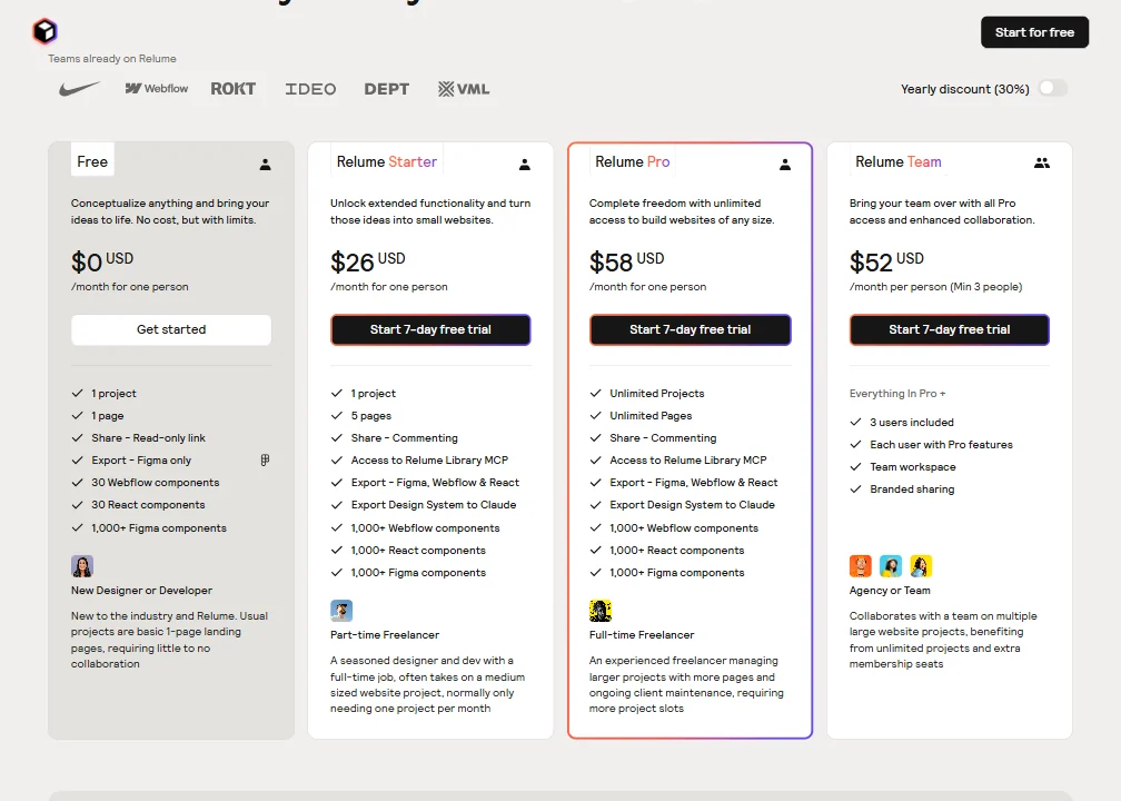 Relume pricing screenshot