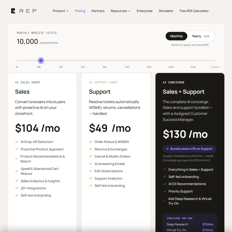 Rep AI pricing screenshot