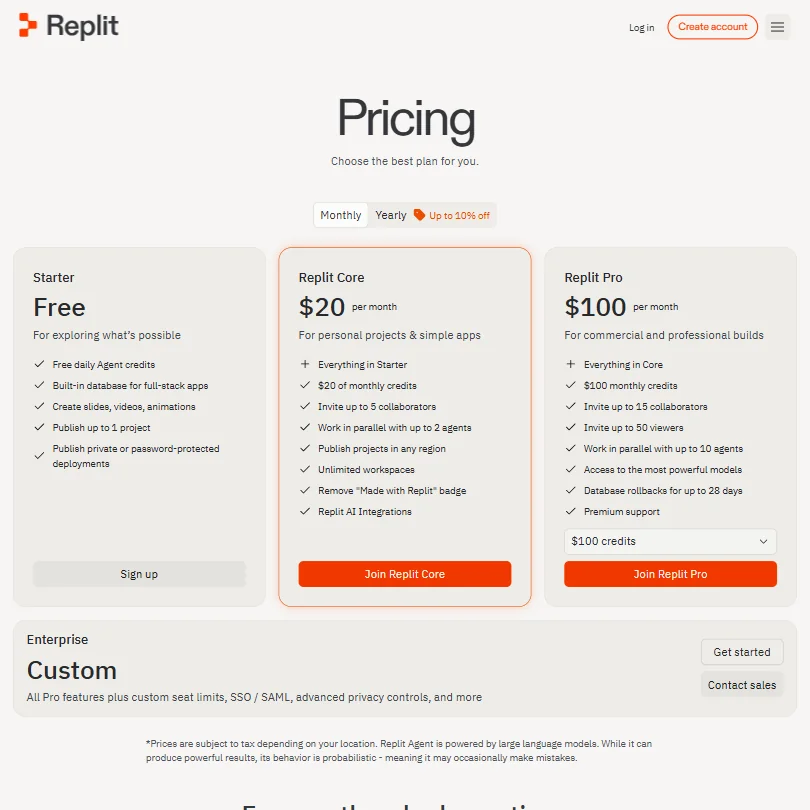 Replit pricing screenshot