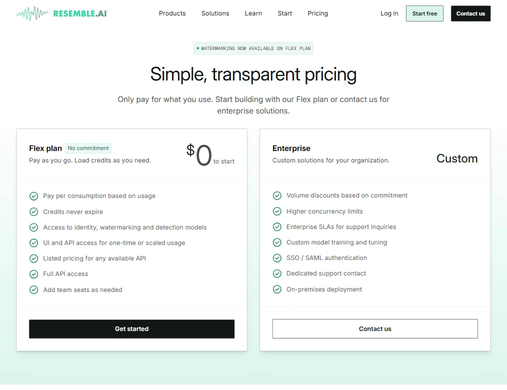 Resemble AI pricing screenshot