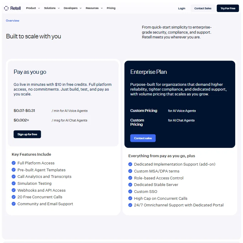 Retellai pricing screenshot