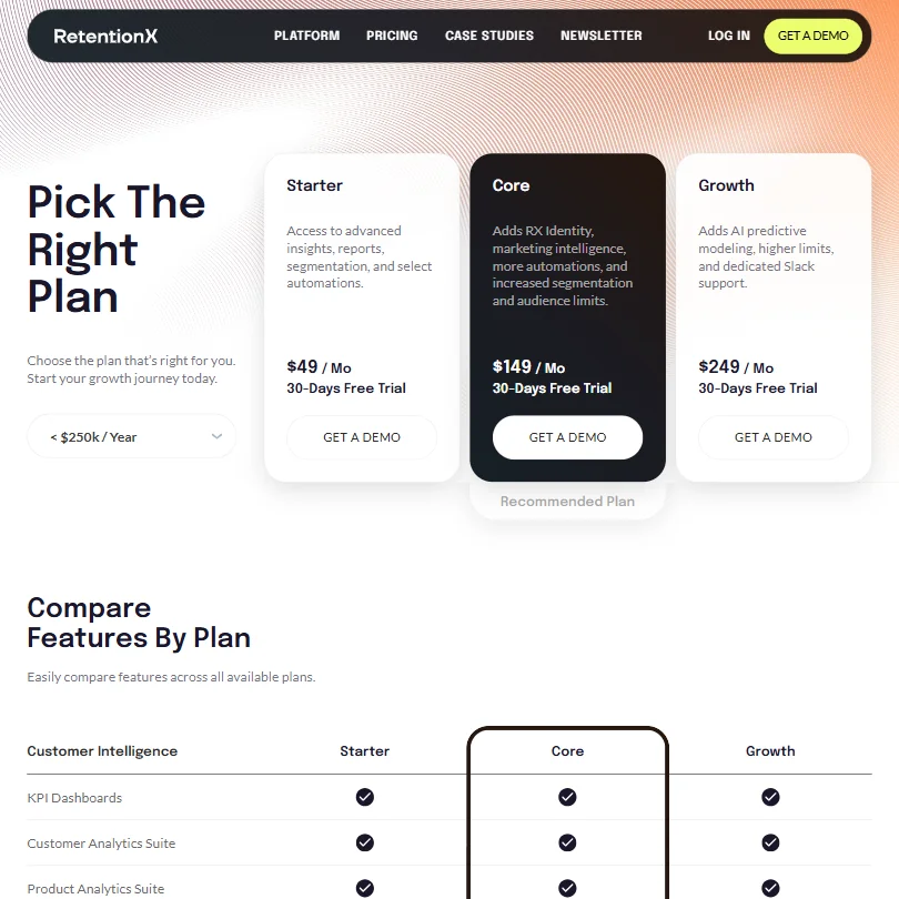 RetentionX pricing screenshot