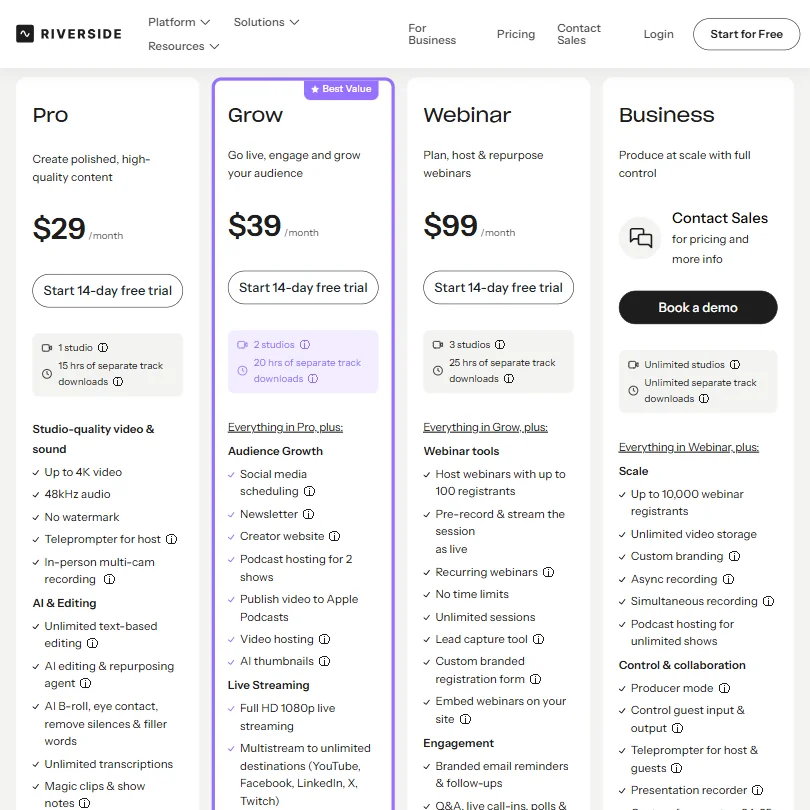 Riverside pricing screenshot