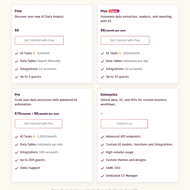Rows pricing screenshot