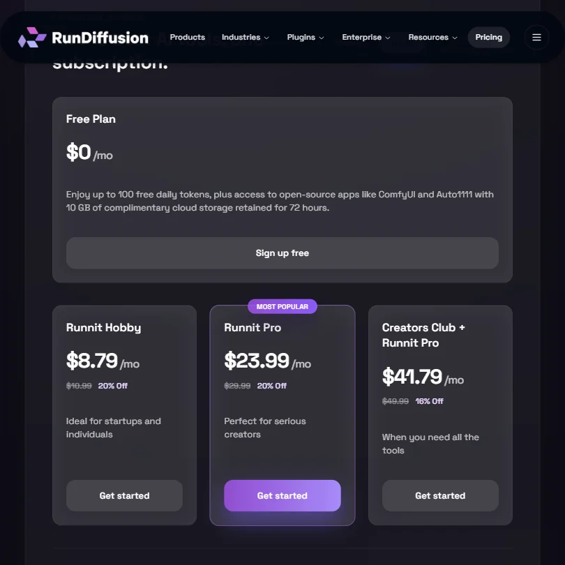 RunDiffusion pricing screenshot