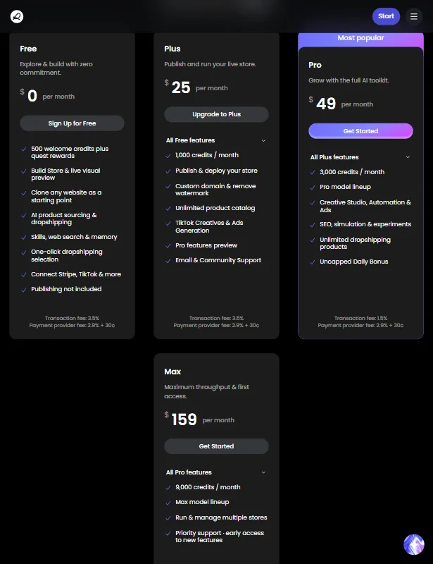 Runner AI pricing screenshot
