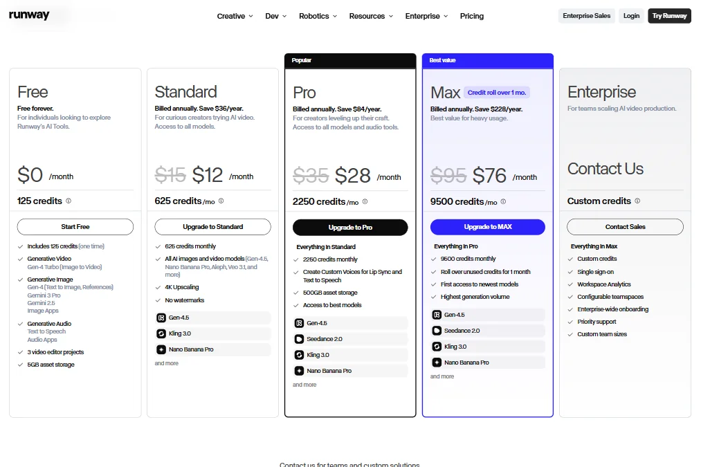 Runway pricing screenshot