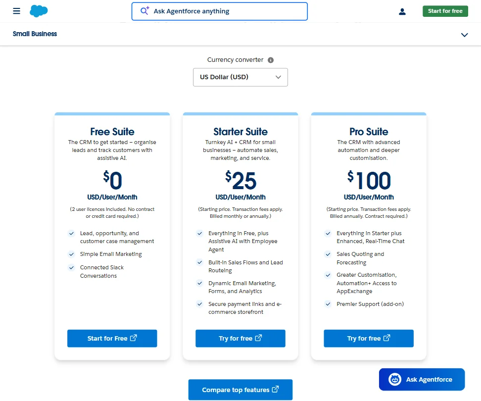 Salesforce pricing screenshot