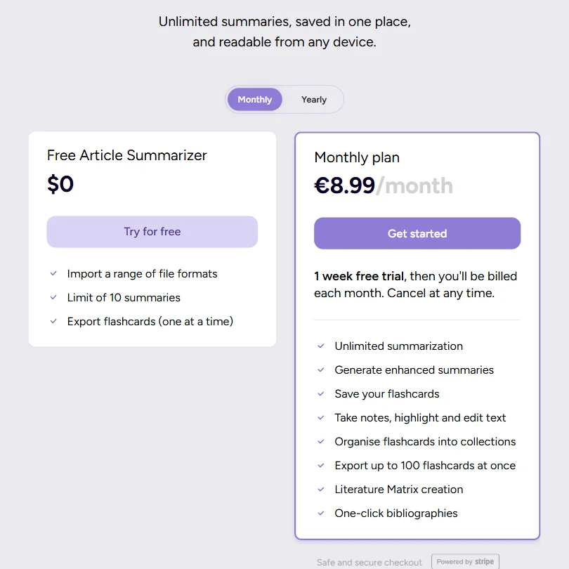 Scholarcy pricing screenshot