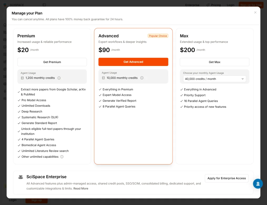 SciSpace pricing screenshot