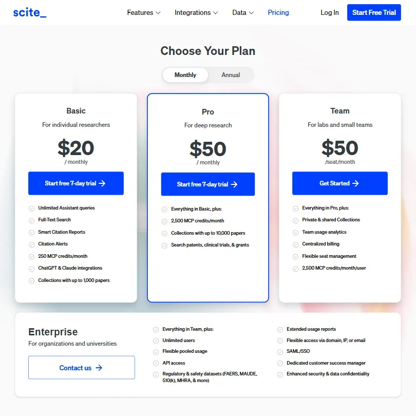 Scite pricing screenshot