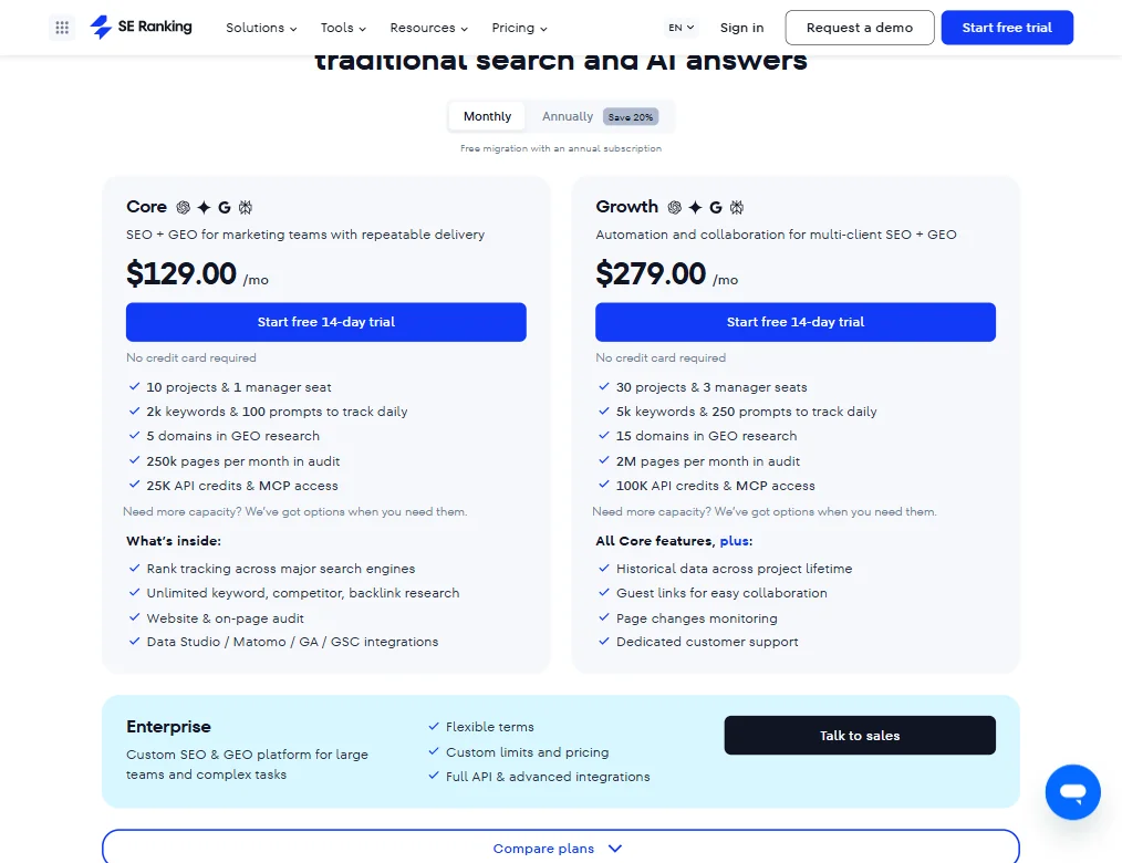 SE Ranking pricing screenshot