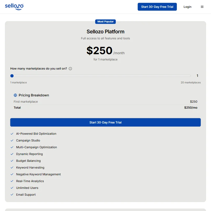 Sellozo pricing screenshot