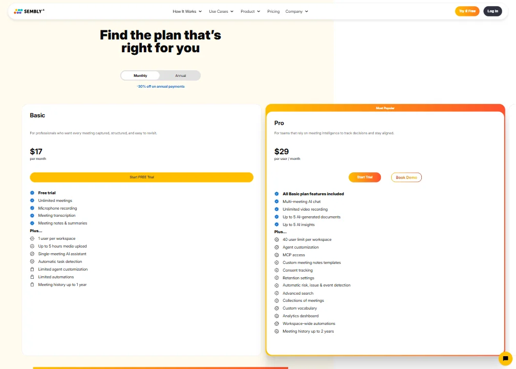 Sembly pricing screenshot