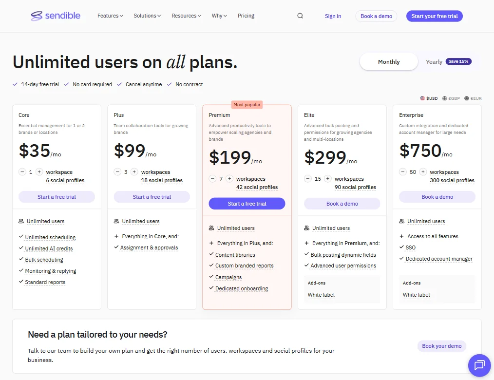 Sendible pricing screenshot