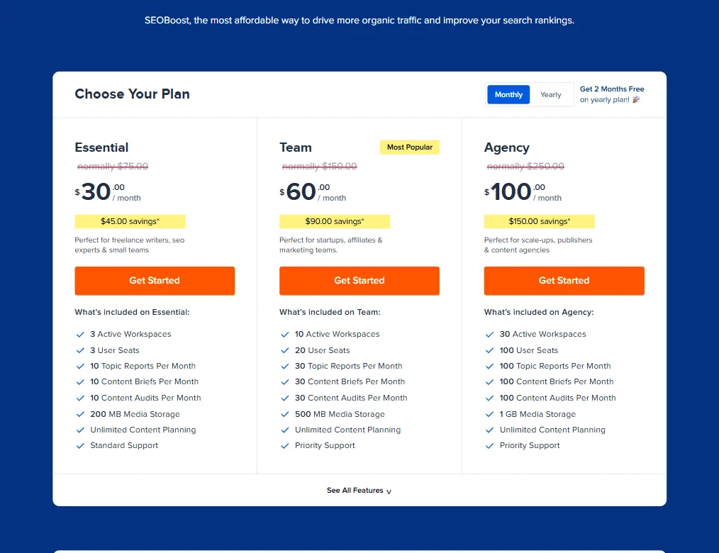 SEOBoost pricing screenshot