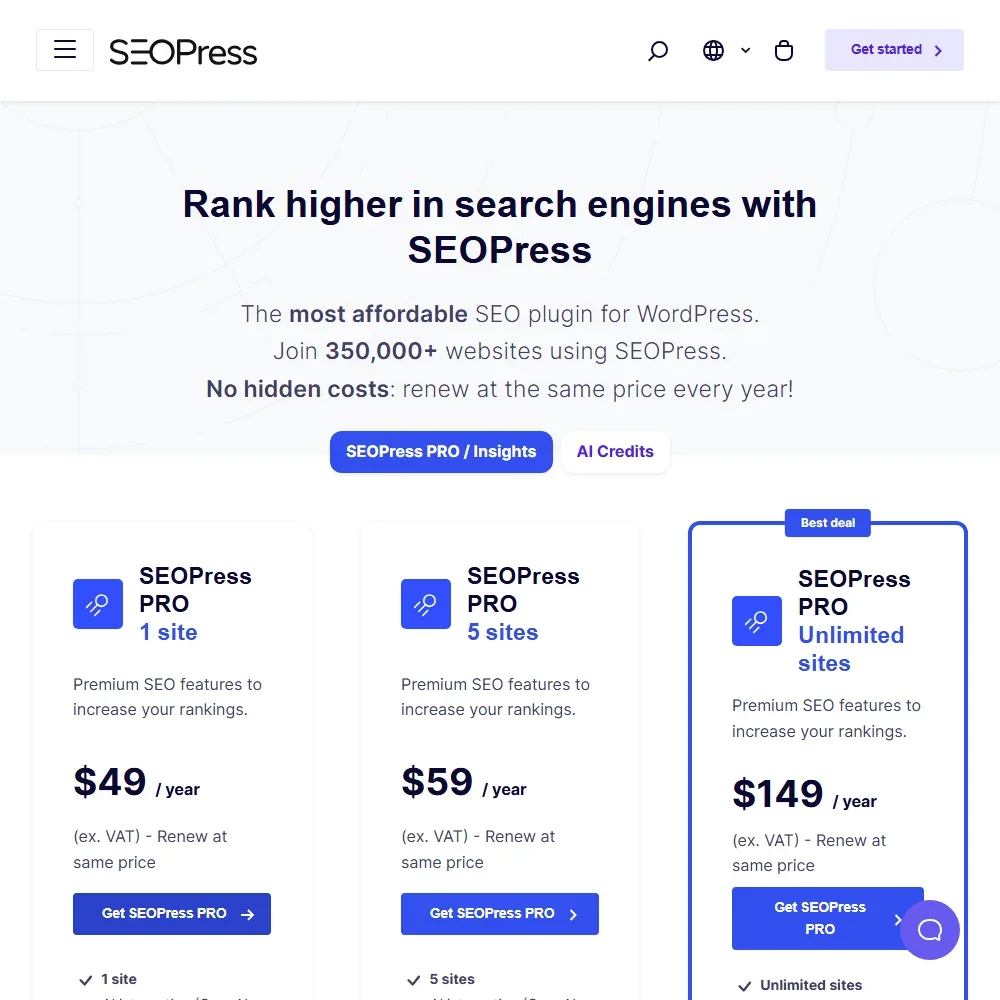 SEOPress pricing screenshot