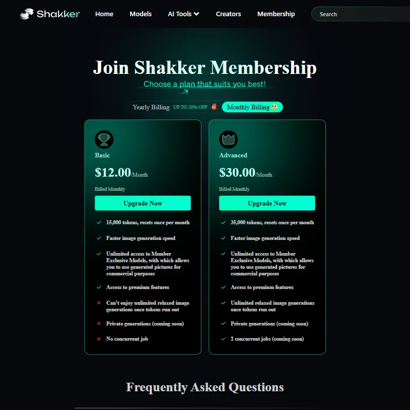 Shakker pricing screenshot