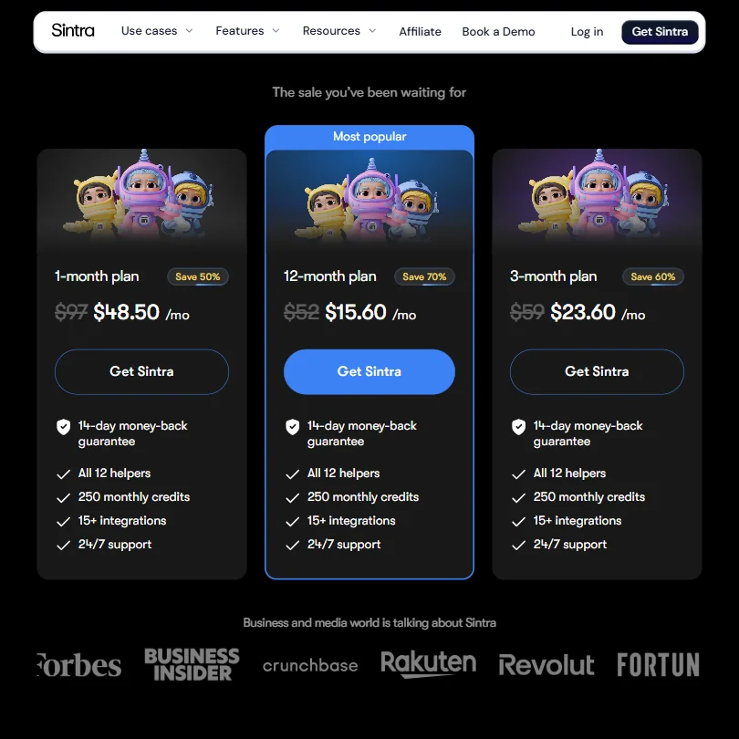 Sintra pricing screenshot