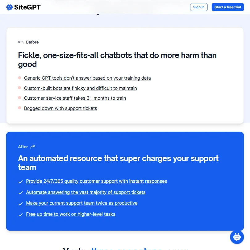 SiteGPT features screenshot
