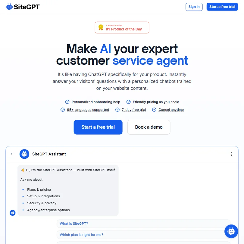 SiteGPT homepage screenshot