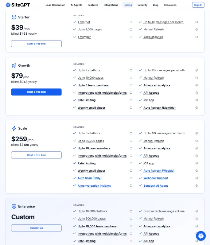 SiteGPT pricing screenshot