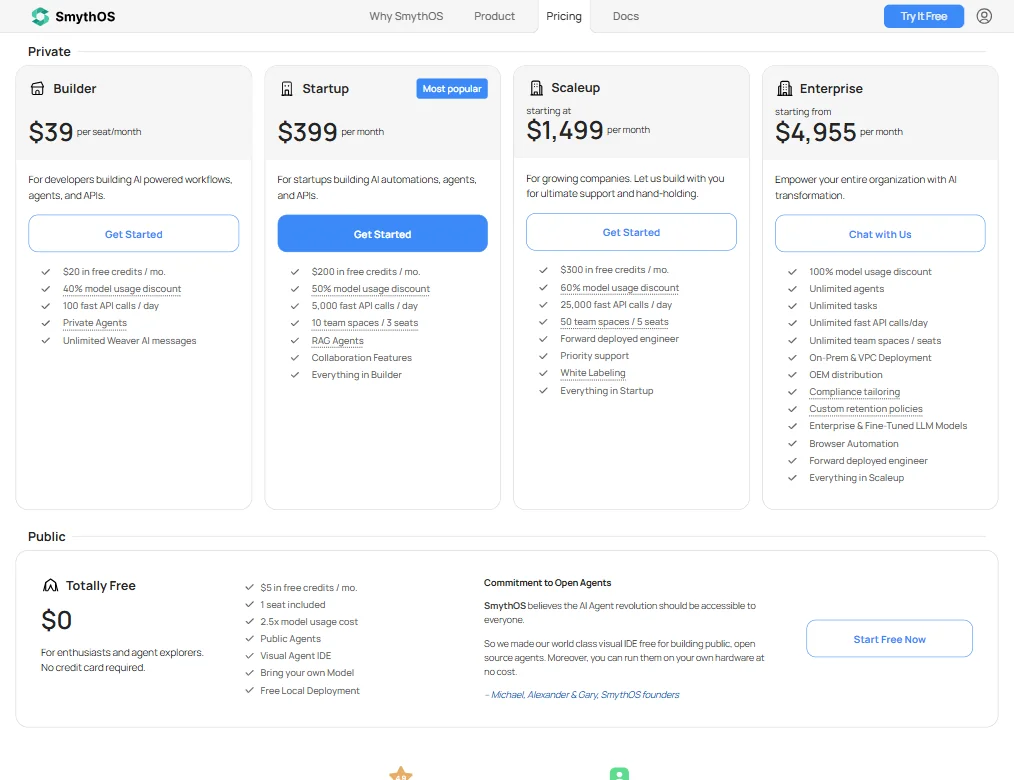 SmythOS pricing screenshot