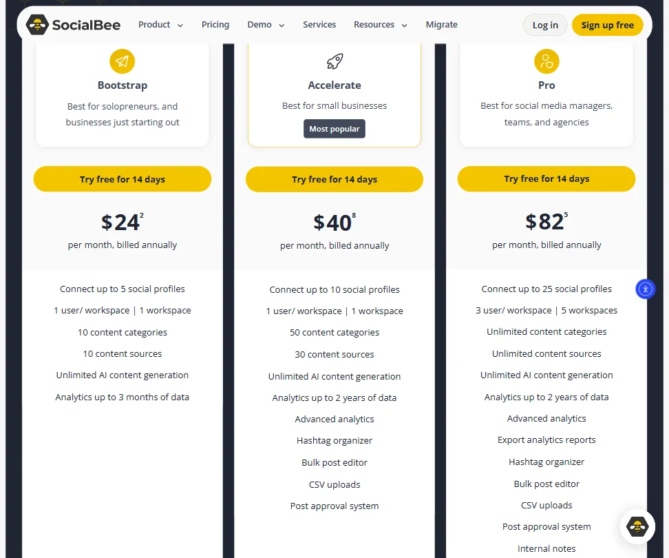 SocialBee pricing screenshot
