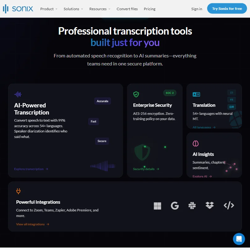 Sonix features screenshot