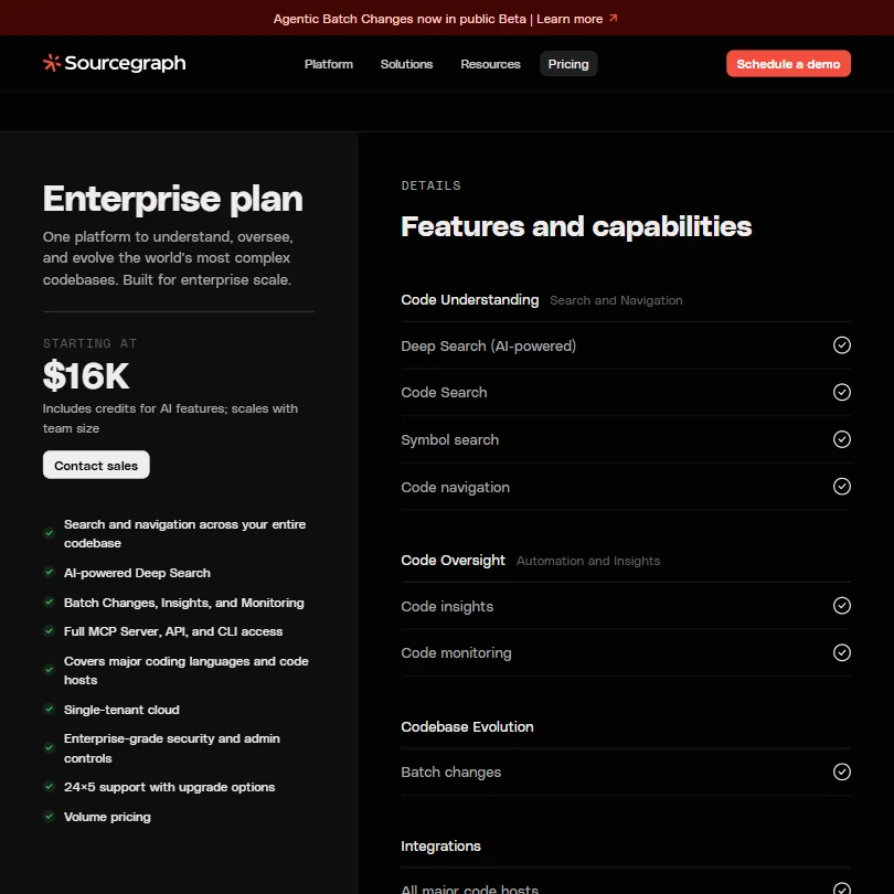 Sourcegraph pricing screenshot