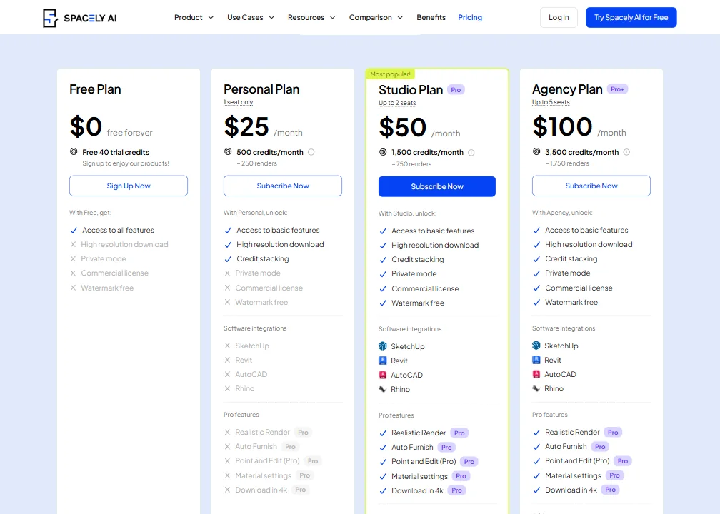 Spacely AI pricing screenshot