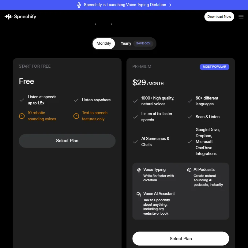 Speechify pricing screenshot